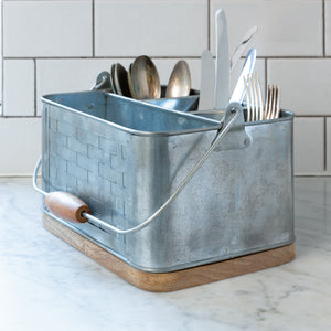 Metal cutlery holder with wooden handle and base