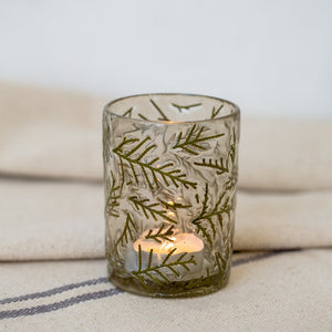 Small glass Votive with green leaf design